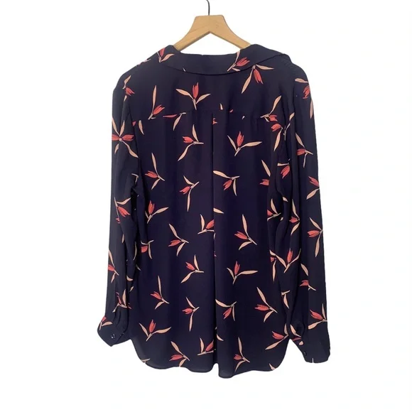 Ann Taylor Sheer Navy Collared Pink Floral Print - Picture 2 of 7